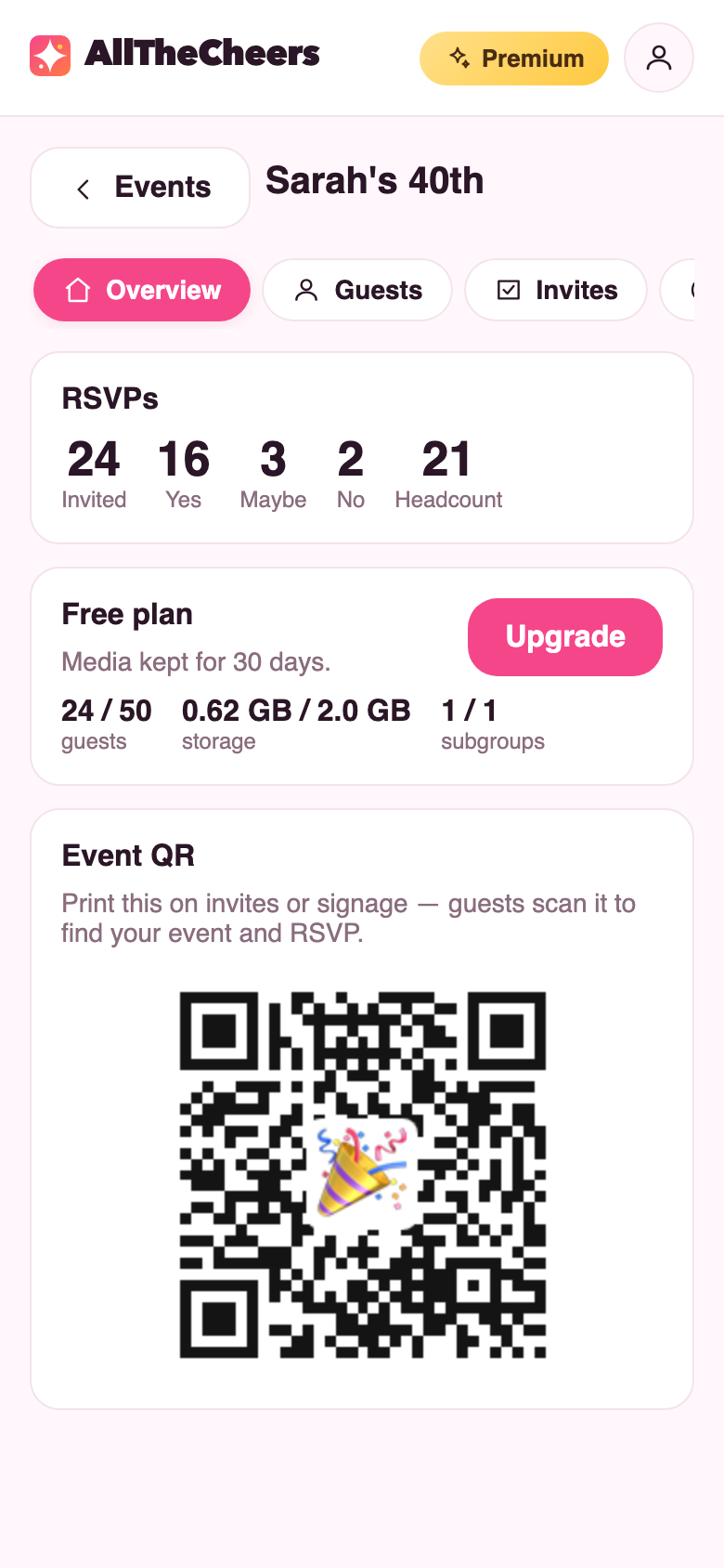 Track RSVPs, guests, and photos from the host dashboard.